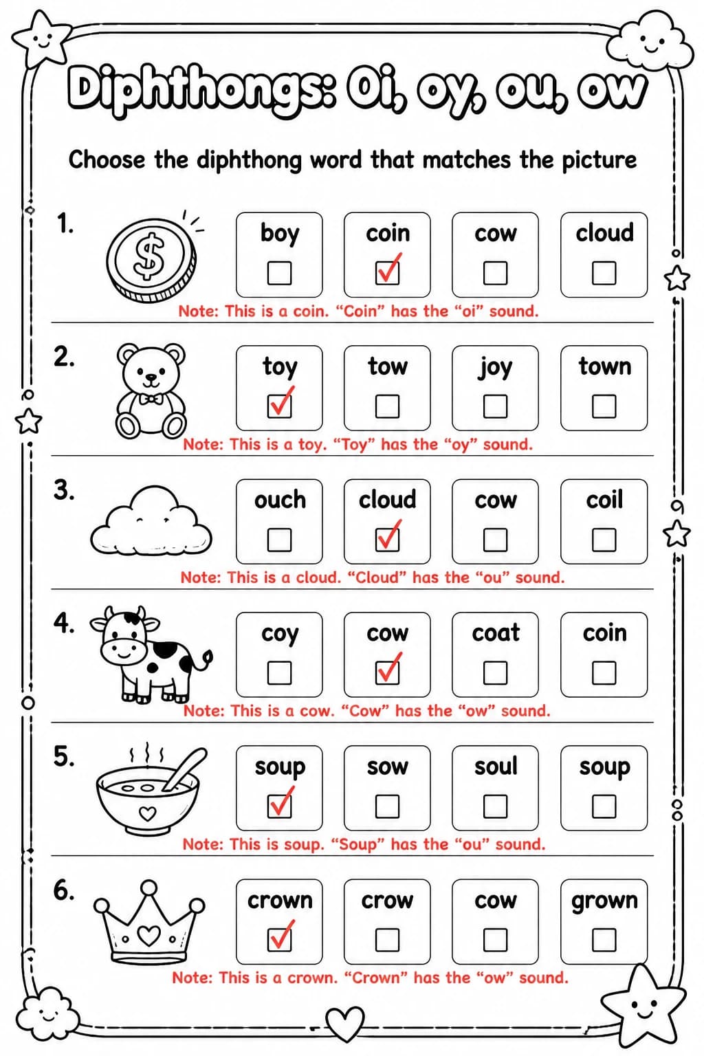 Answer key for Choose the diphthong word that matches the picture — free printable English & Reading worksheet