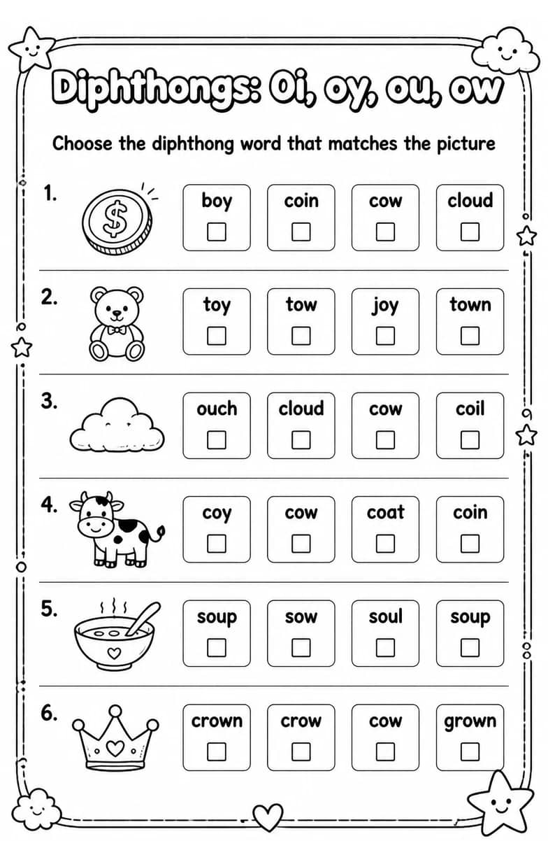 Choose the diphthong word that matches the picture — free printable Reading foundations English worksheet