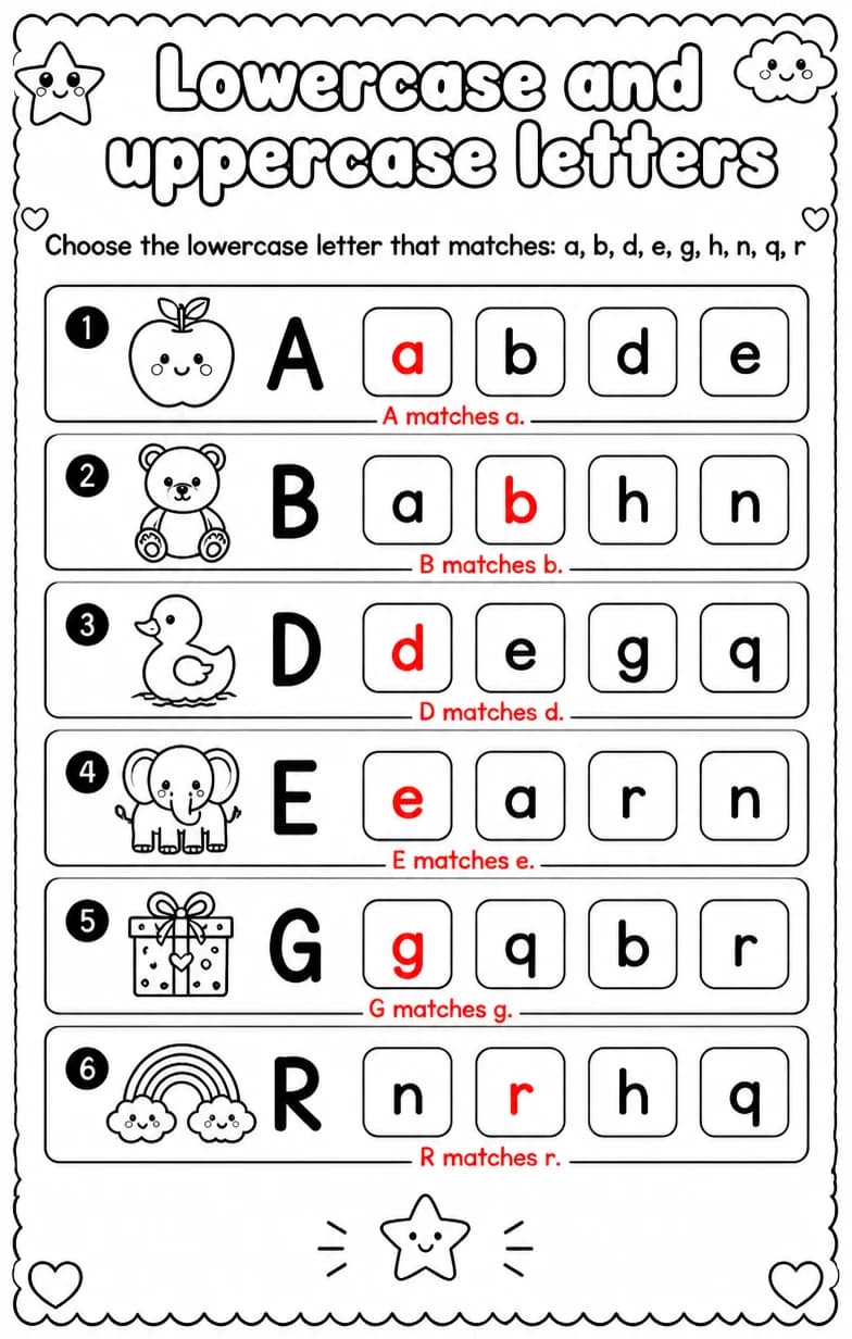 Answer key for Choose the lowercase letter that matches: a, b, d, e, g, h, n, q, r — free printable English & Reading worksheet