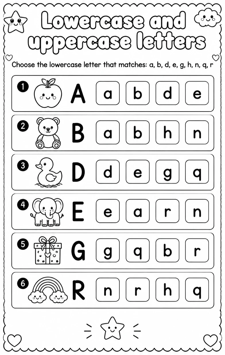 Choose the lowercase letter that matches: a, b, d, e, g, h, n, q, r — free printable Reading foundations English worksheet