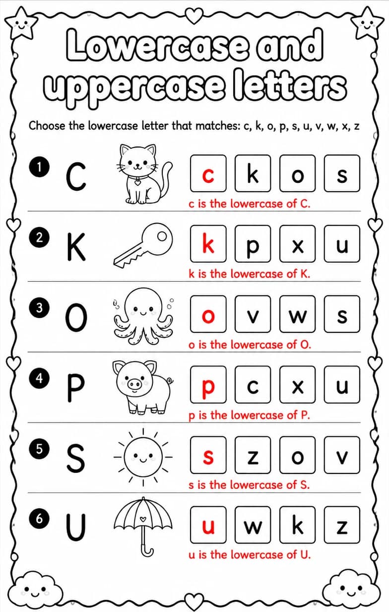 Answer key for Choose the lowercase letter that matches: c, k, o, p, s, u, v, w, x, z — free printable English & Reading worksheet