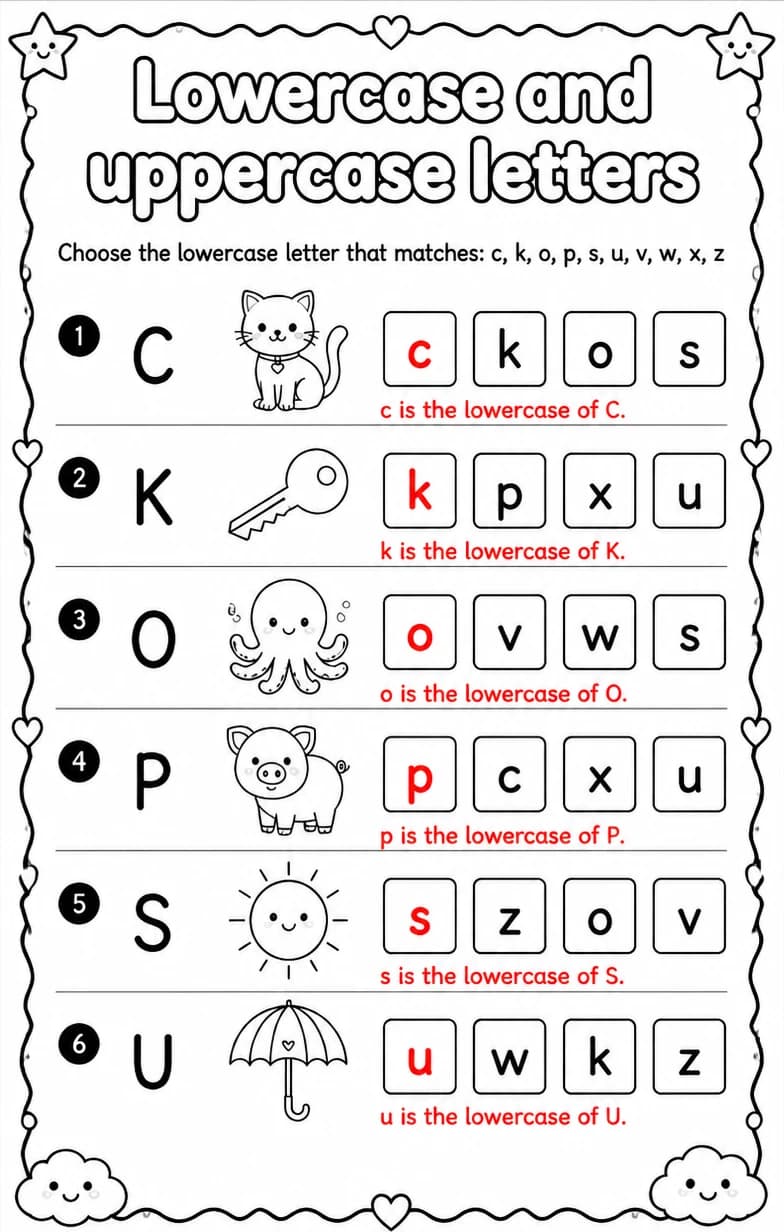 Answer key for Choose the lowercase letter that matches: c, k, o, p, s, u, v, w, x, z — free printable English & Reading worksheet