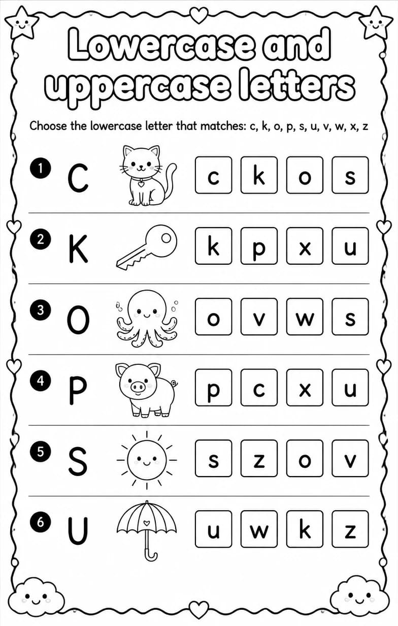 Choose the lowercase letter that matches: c, k, o, p, s, u, v, w, x, z — free printable Reading foundations English worksheet