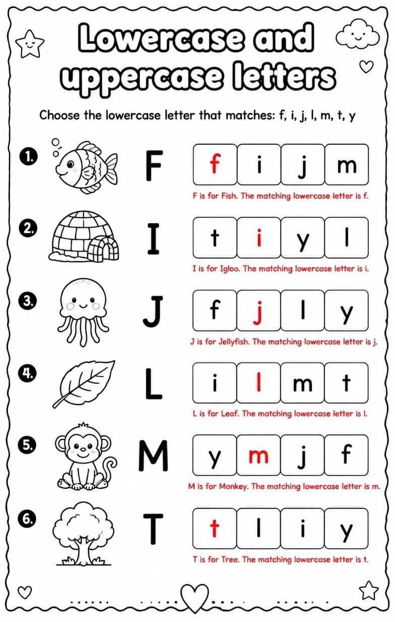 Answer key for Choose the lowercase letter that matches: f, i, j, l, m, t, y — free printable English & Reading worksheet