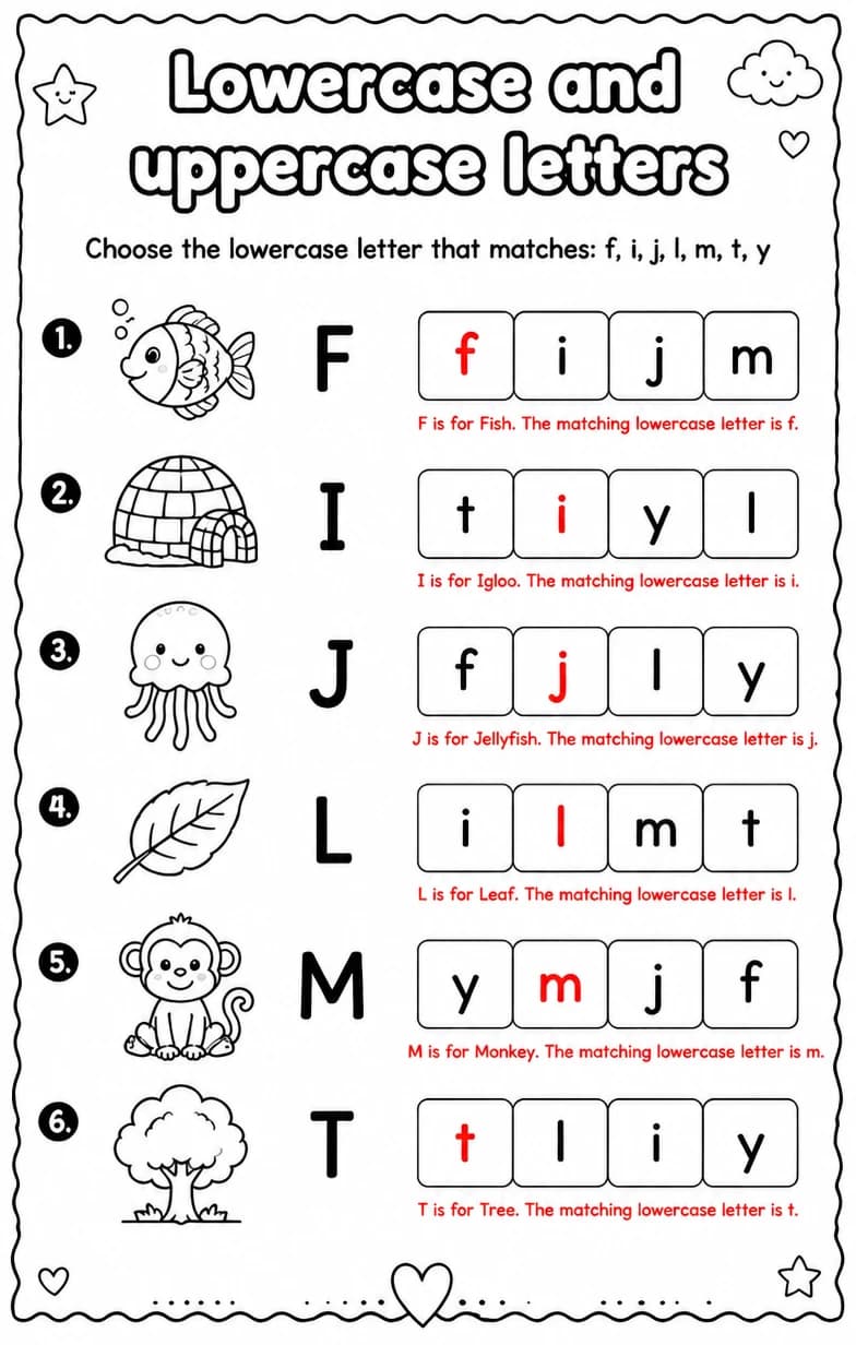 Answer key for Choose the lowercase letter that matches: f, i, j, l, m, t, y — free printable English & Reading worksheet