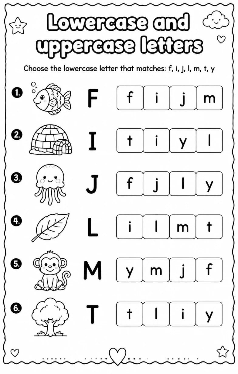 Choose the lowercase letter that matches: f, i, j, l, m, t, y — free printable Kindergarten English & Reading worksheet