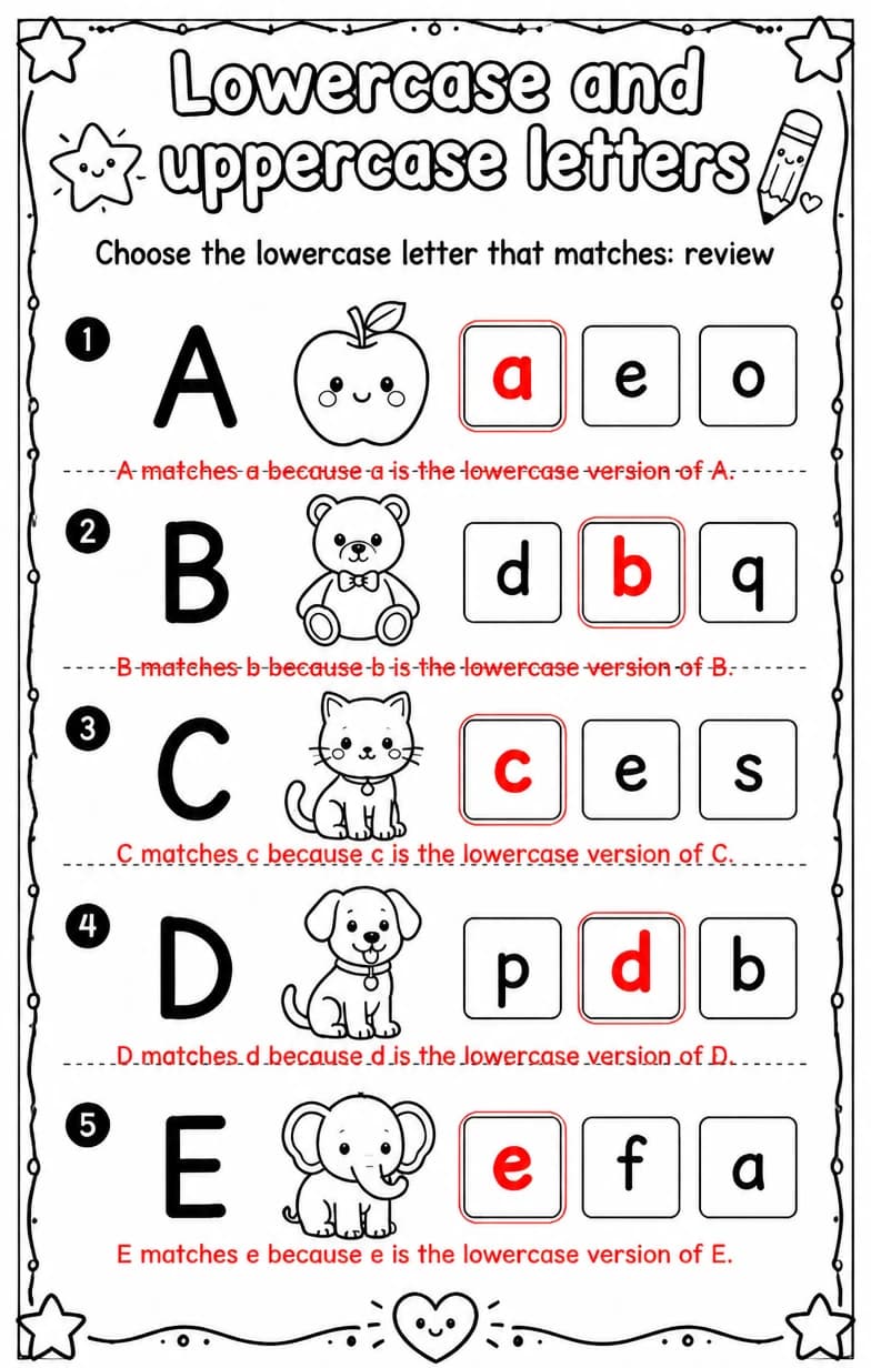 Answer key for Choose the lowercase letter that matches: review — free printable English & Reading worksheet