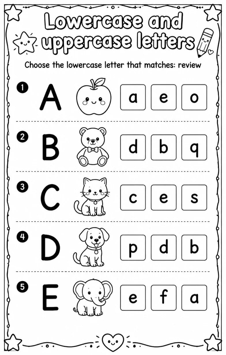Choose the lowercase letter that matches: review — free printable Reading foundations English worksheet
