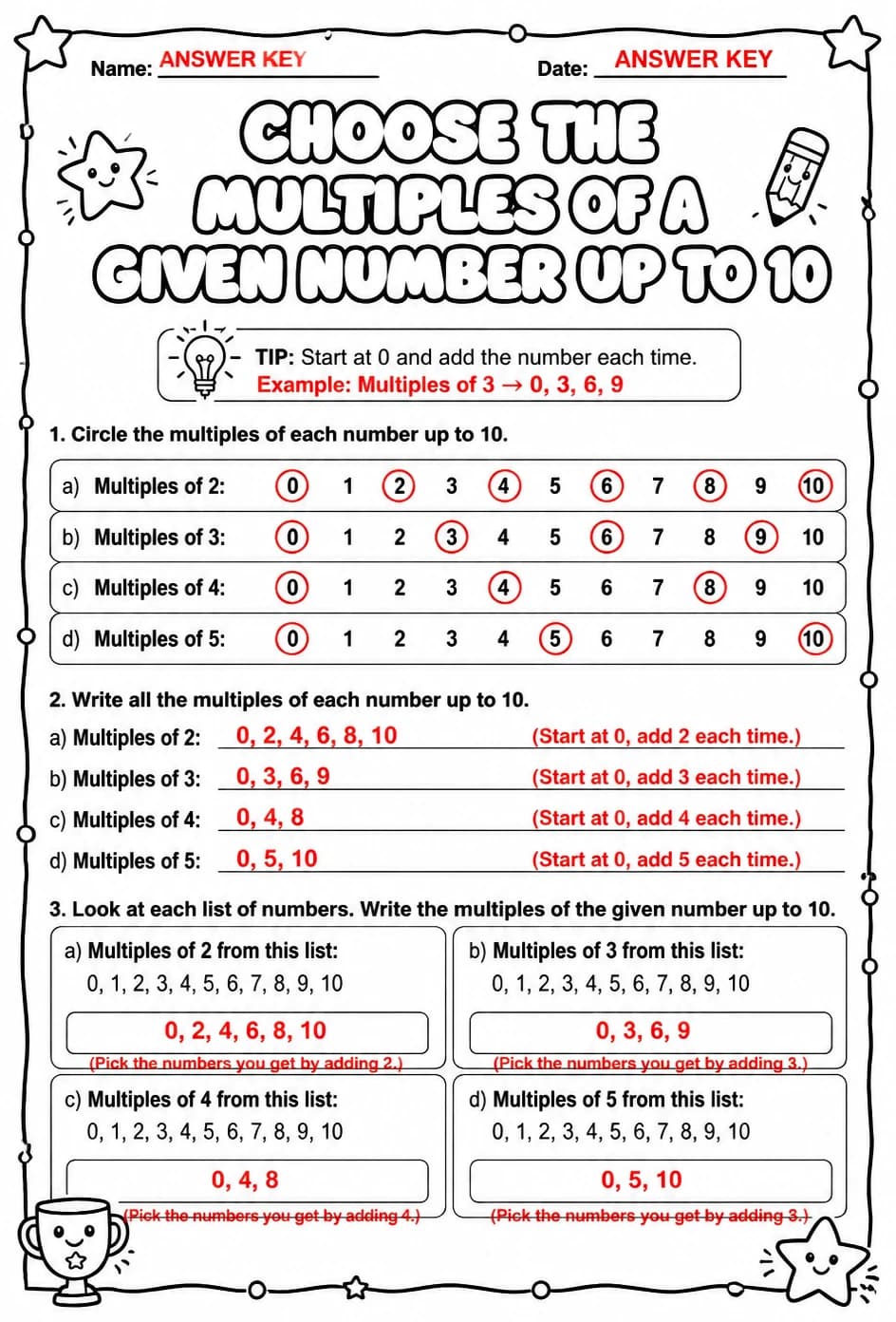 Answer key for Choose the multiples of a given number up to 10 — free printable Math worksheet