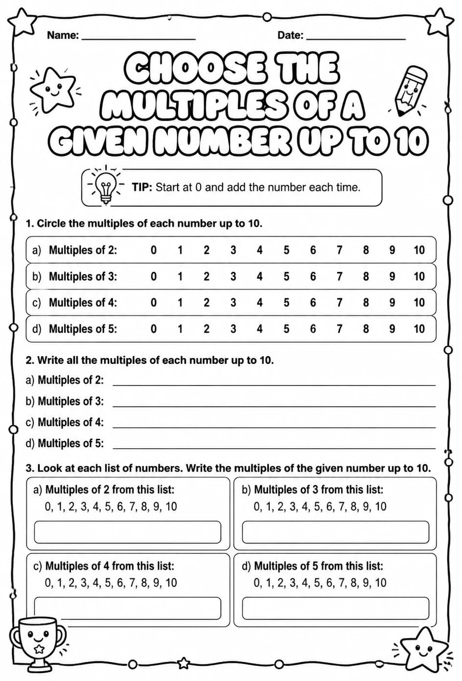 Choose the multiples of a given number up to 10 — free printable Grade 4 math worksheet