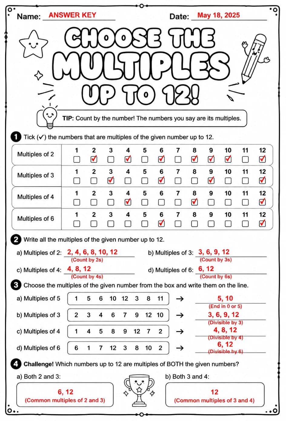 Answer key for Choose the multiples of a given number up to 12 — free printable Math worksheet