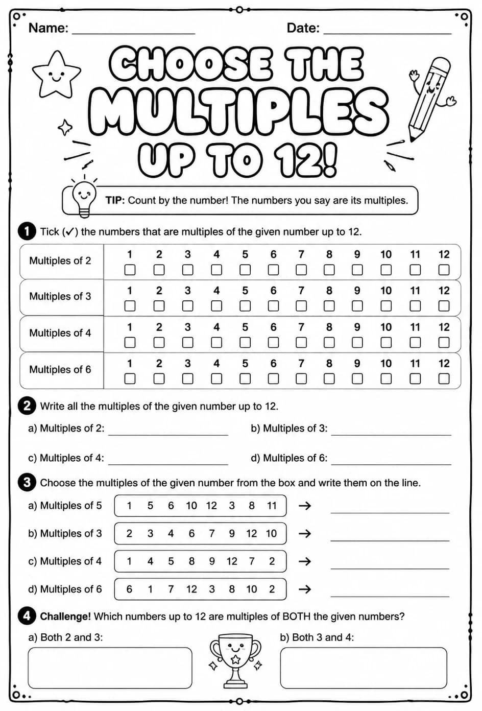 Choose the multiples of a given number up to 12 — free printable Grade 4 math worksheet