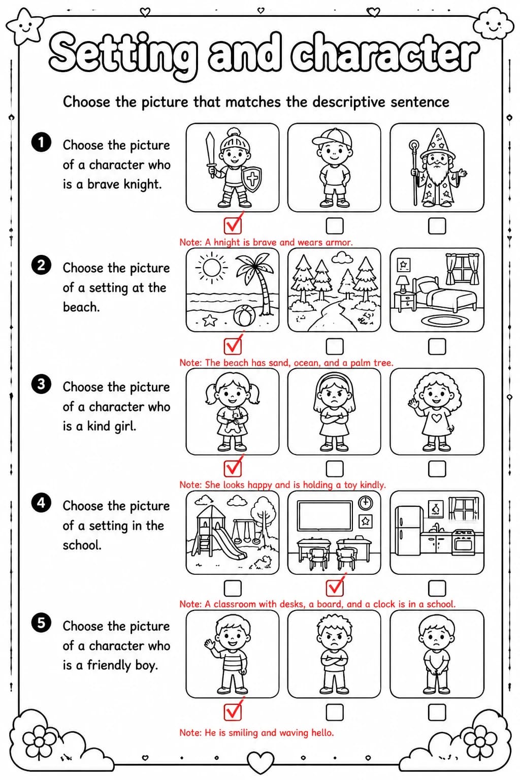 Answer key for Choose the picture that matches the descriptive sentence — free printable English & Reading worksheet