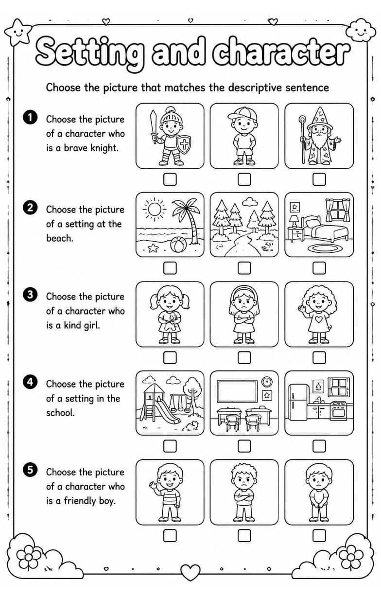Choose the picture that matches the descriptive sentence — free printable Reading strategies English worksheet