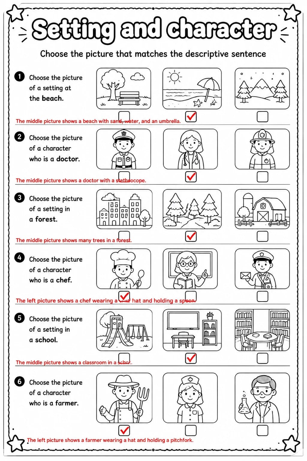 Answer key for Choose the picture that matches the descriptive sentence — free printable English & Reading worksheet