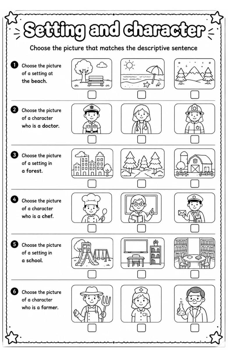 Choose the picture that matches the descriptive sentence — free printable Reading strategies English worksheet