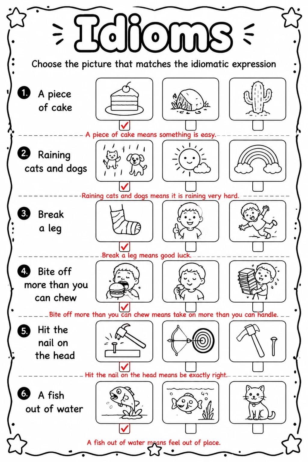 Answer key for Choose the picture that matches the idiomatic expression — free printable English & Reading worksheet