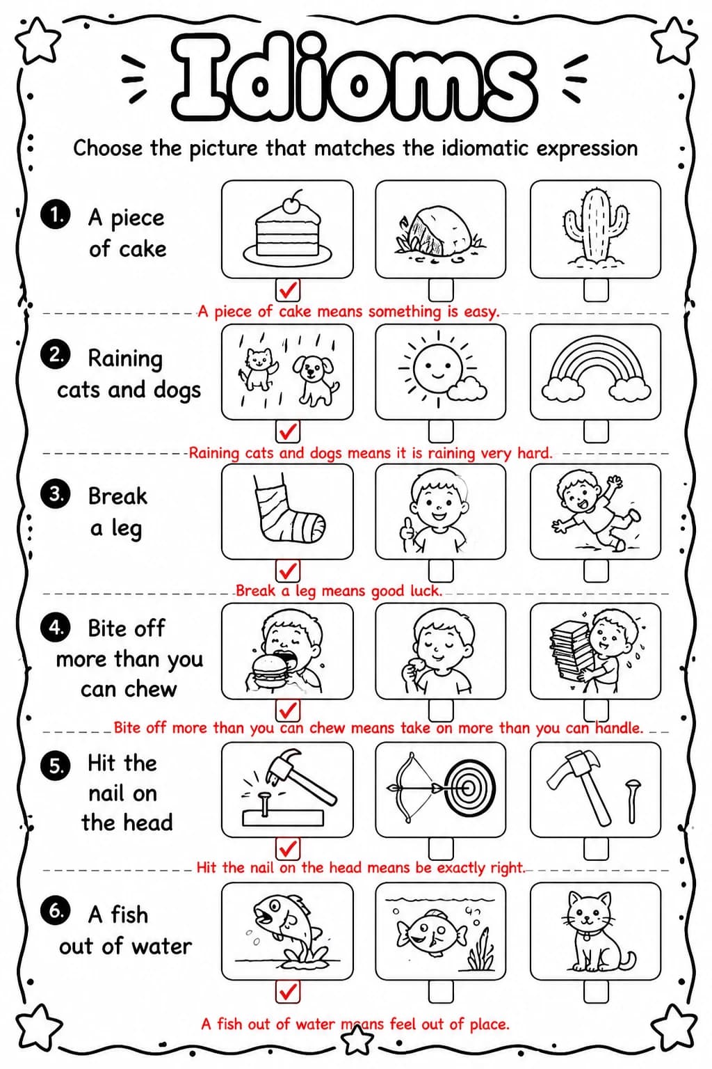 Answer key for Choose the picture that matches the idiomatic expression — free printable English & Reading worksheet