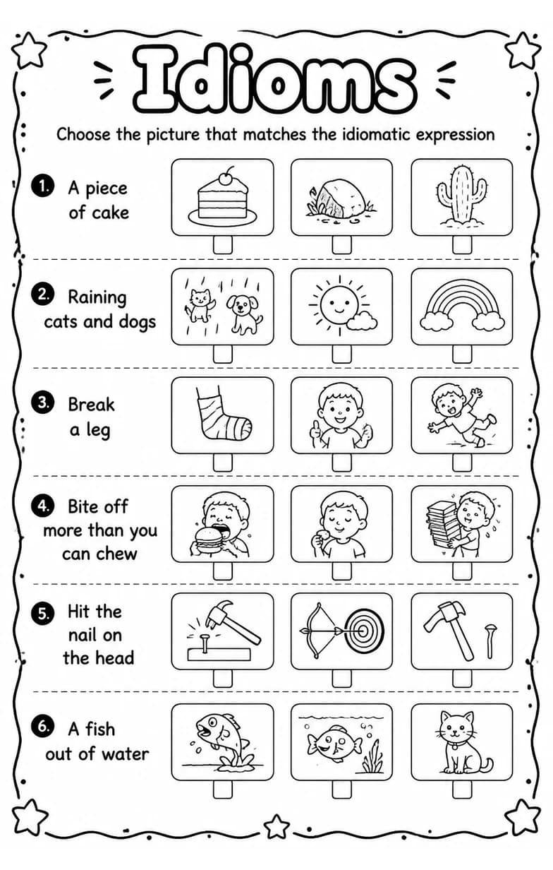 Choose the picture that matches the idiomatic expression — free printable Grade 2 English & Reading worksheet