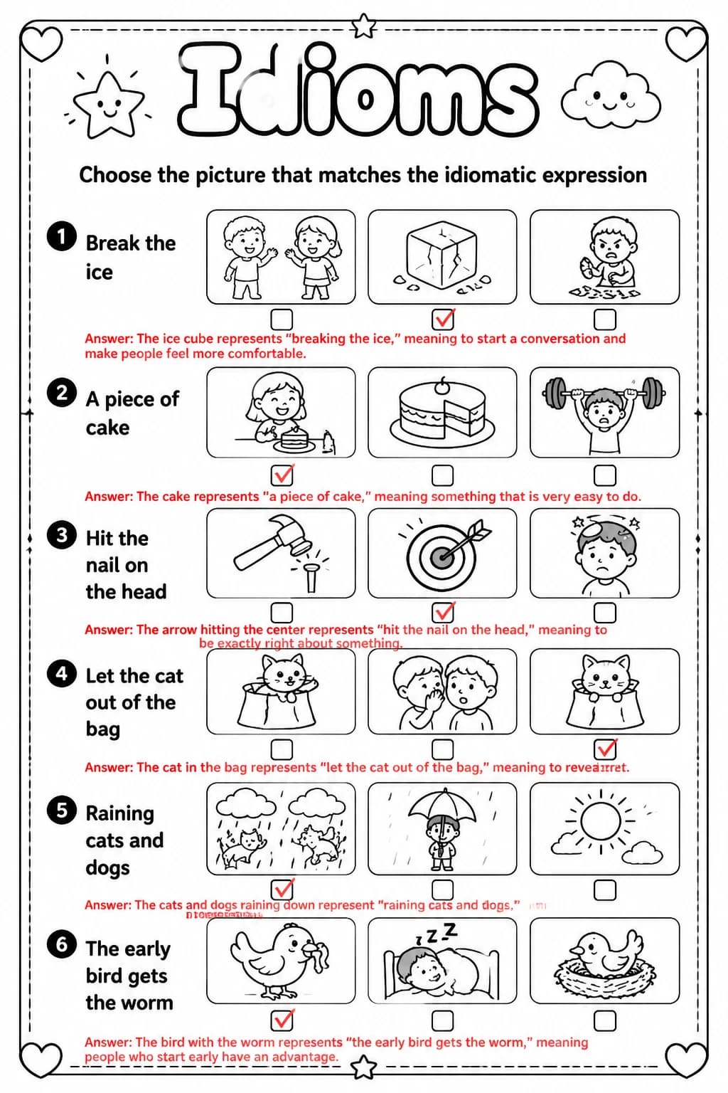 Answer key for Choose the picture that matches the idiomatic expression — free printable English & Reading worksheet