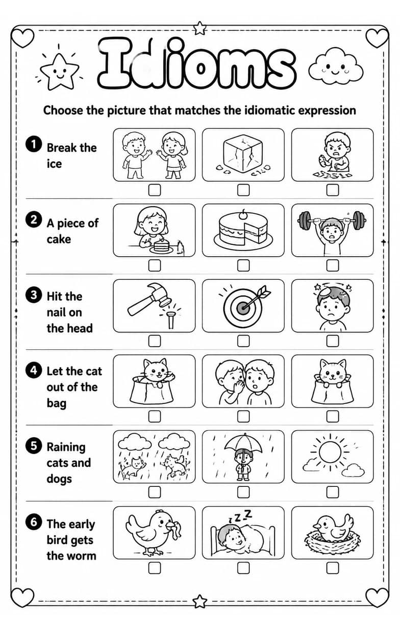 Choose the picture that matches the idiomatic expression — free printable Vocabulary English worksheet