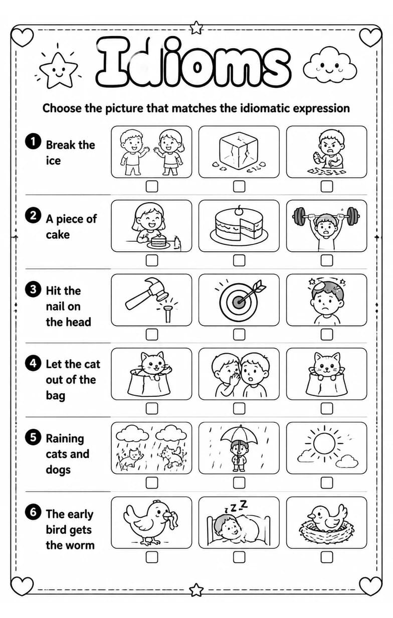 Choose the picture that matches the idiomatic expression — free printable Grade 3 English & Reading worksheet