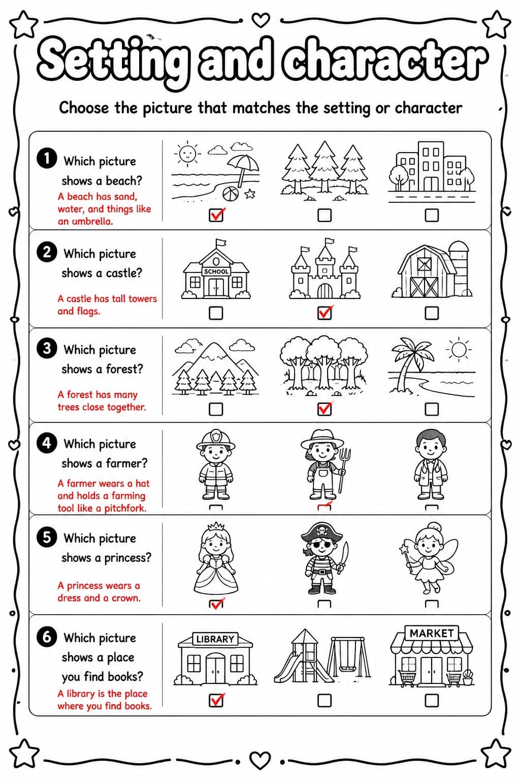 Answer key for Choose the picture that matches the setting or character — free printable English & Reading worksheet