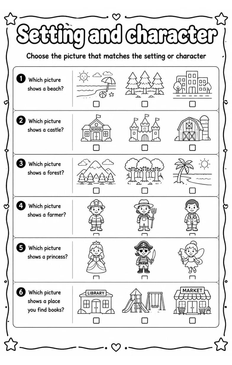 Choose the picture that matches the setting or character — free printable Reading strategies English worksheet