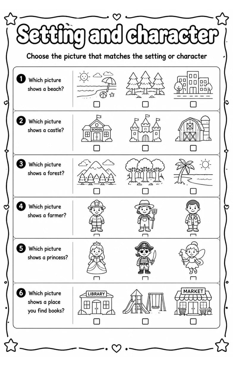 Choose the picture that matches the setting or character — free printable Reading strategies English worksheet