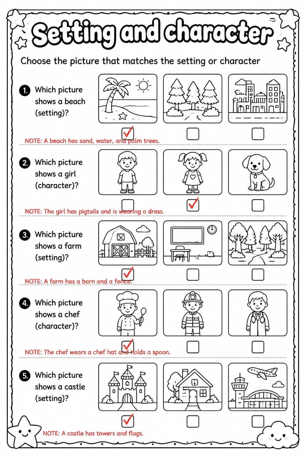 Answer key for Choose the picture that matches the setting or character — free printable English & Reading worksheet