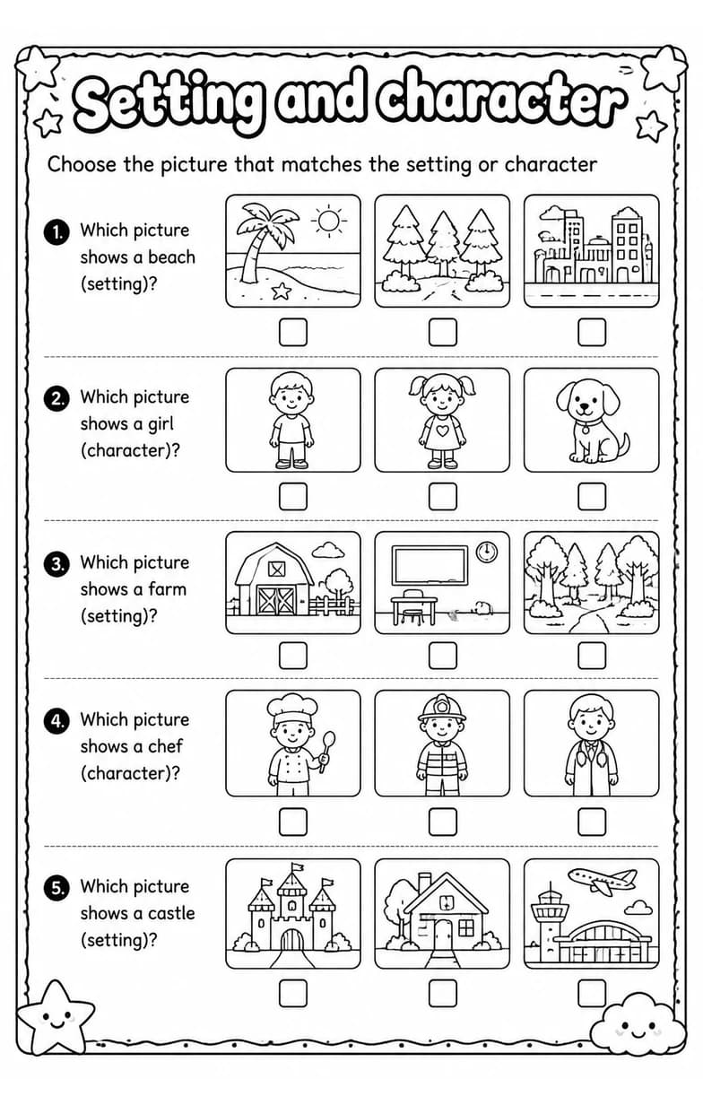 Choose the picture that matches the setting or character — free printable Reading strategies English worksheet