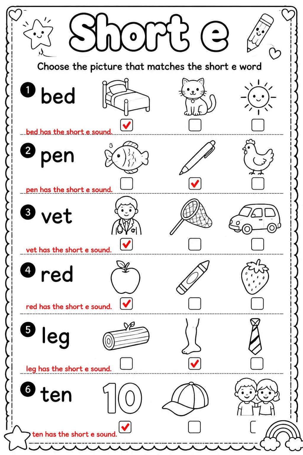 Answer key for Choose the picture that matches the short e word — free printable English & Reading worksheet