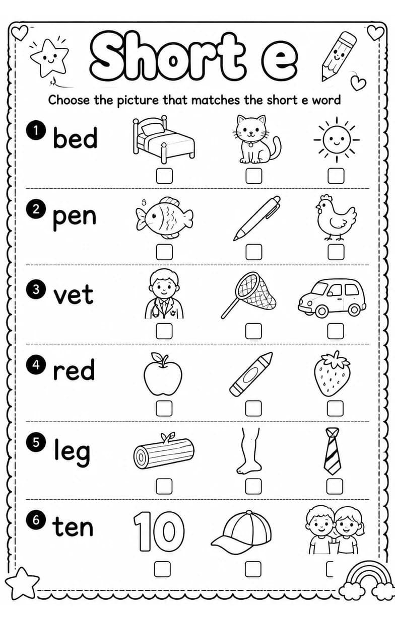 Choose the picture that matches the short e word — free printable Grade 1 English & Reading worksheet