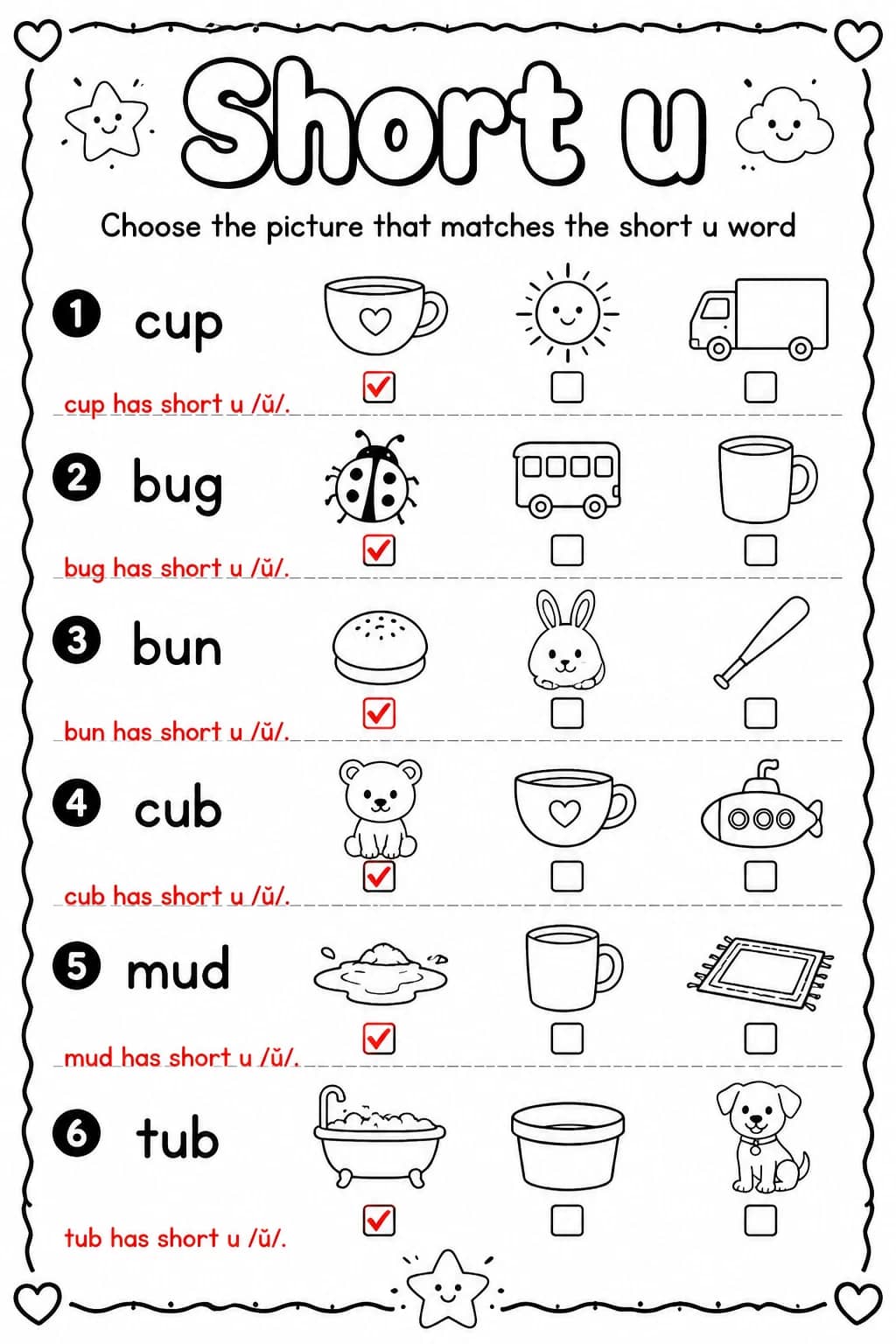 Answer key for Choose the picture that matches the short u word — free printable English & Reading worksheet