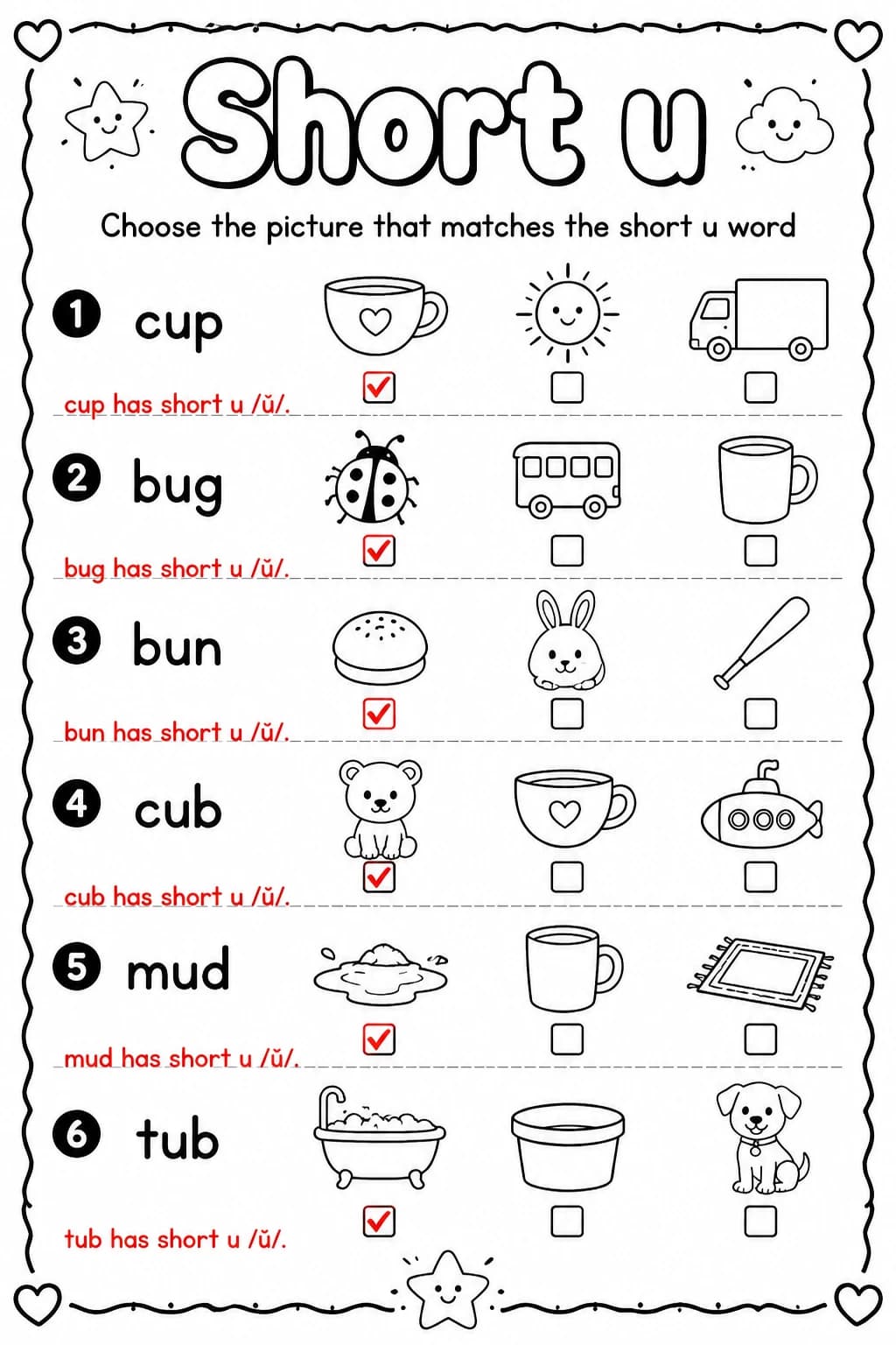 Answer key for Choose the picture that matches the short u word — free printable English & Reading worksheet