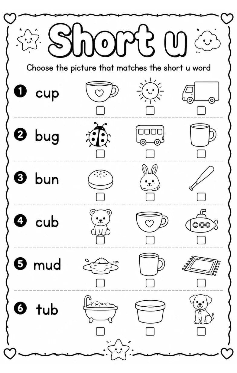 Choose the picture that matches the short u word — free printable Reading foundations English worksheet