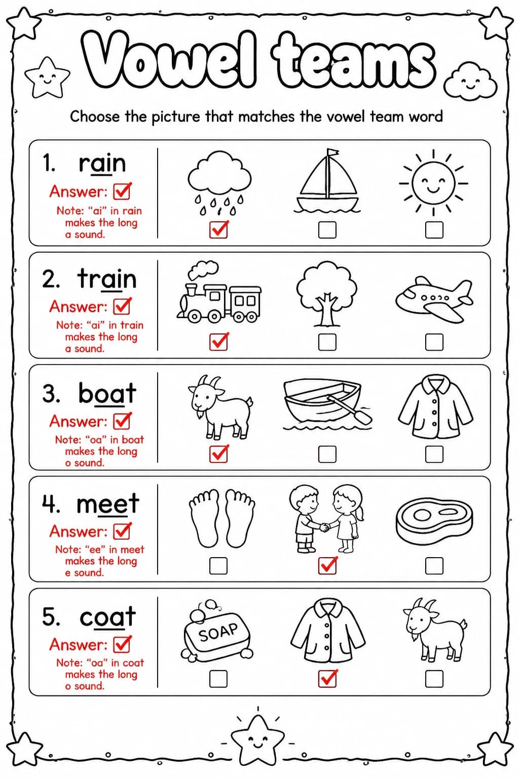 Answer key for Choose the picture that matches the vowel team word — free printable English & Reading worksheet