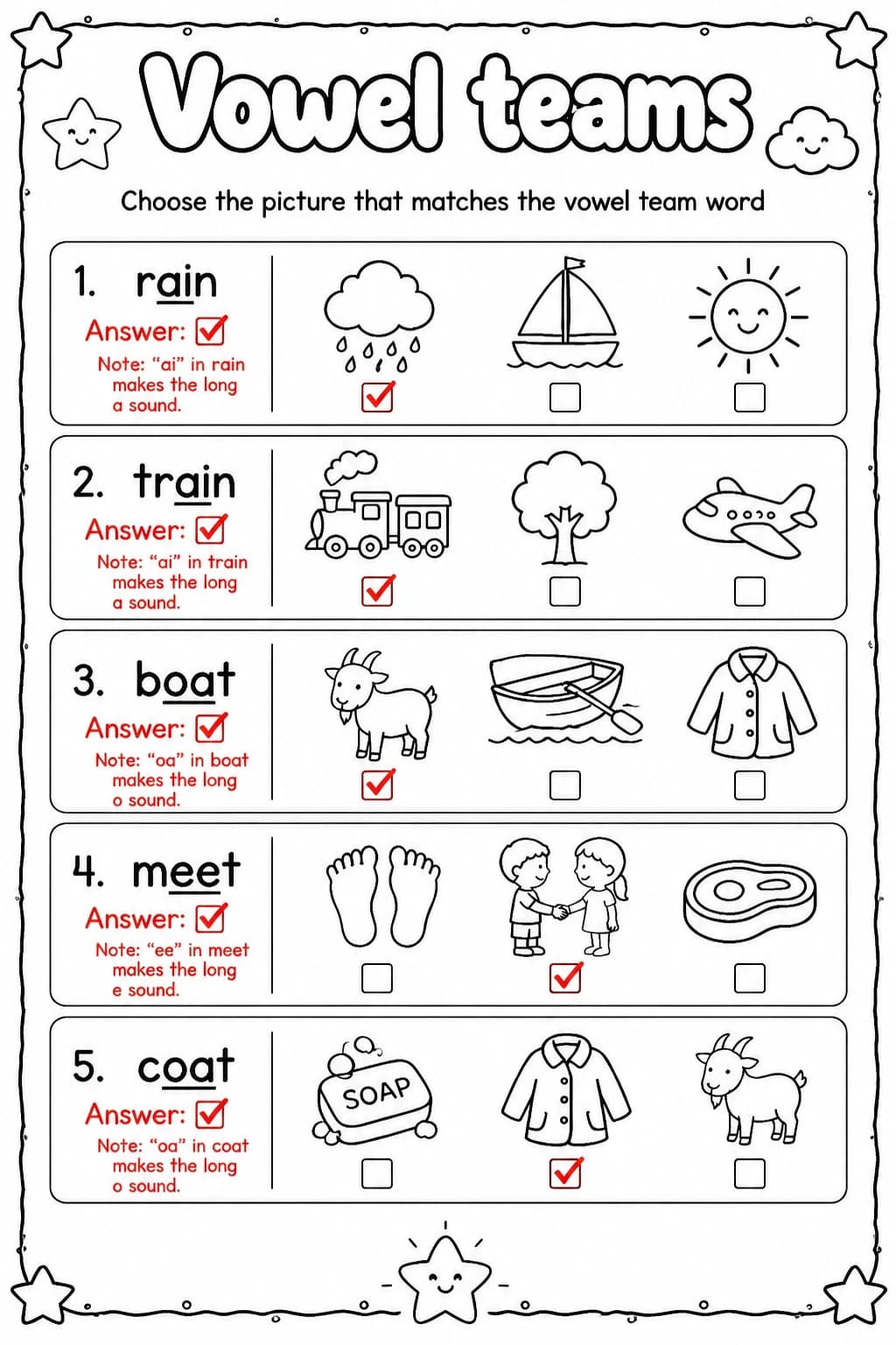 Answer key for Choose the picture that matches the vowel team word — free printable English & Reading worksheet