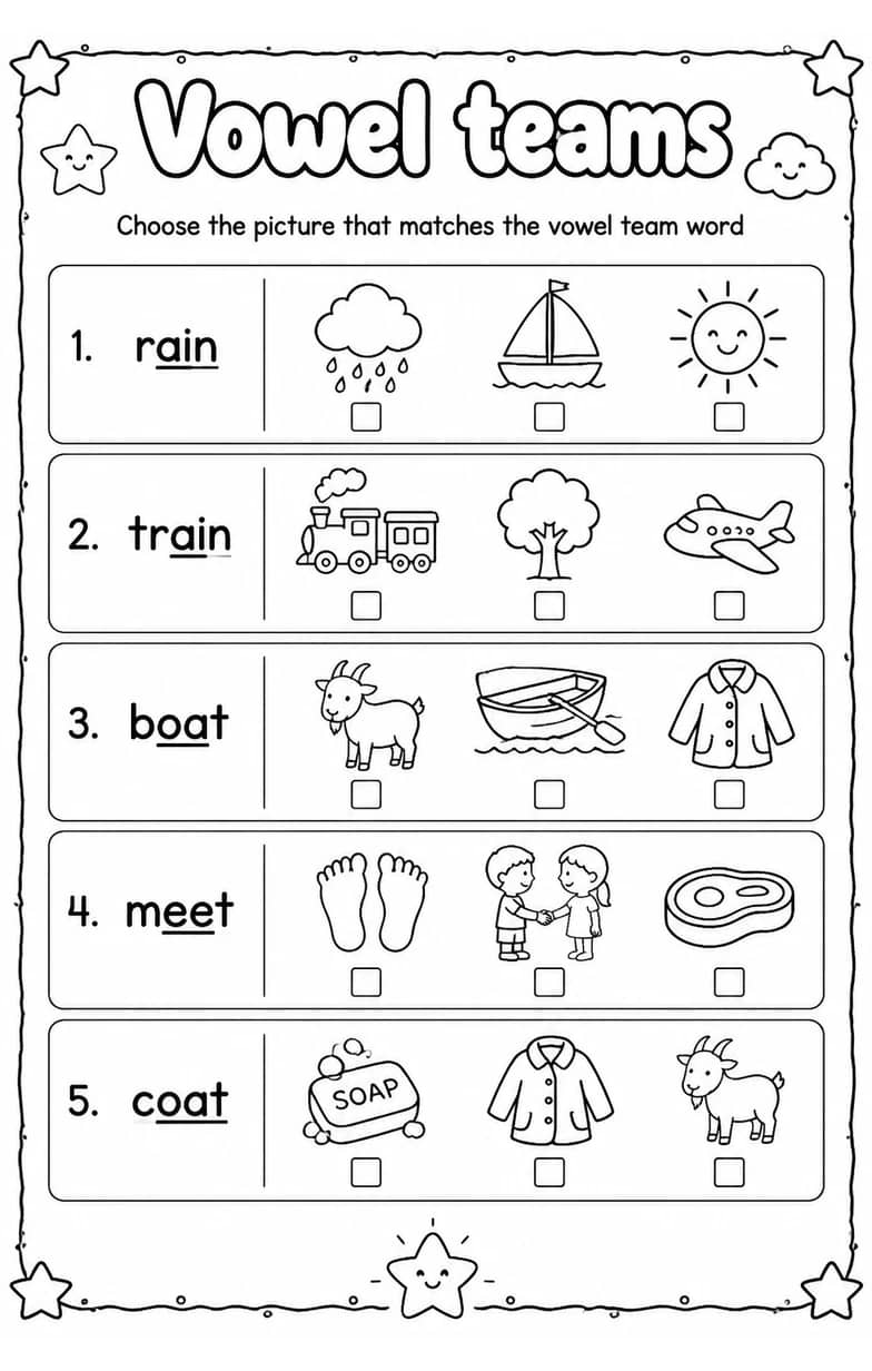 Choose the picture that matches the vowel team word — free printable Reading foundations English worksheet