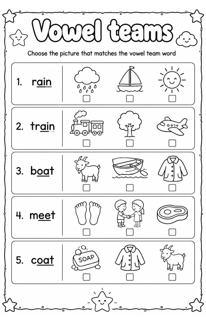 Choose the picture that matches the vowel team word — free printable Reading foundations English worksheet