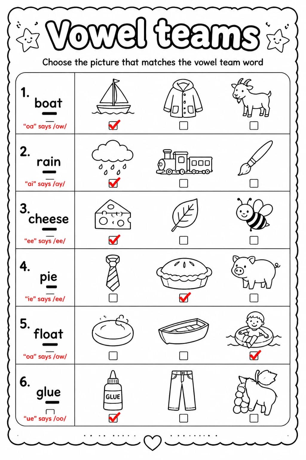 Answer key for Choose the picture that matches the vowel team word — free printable English & Reading worksheet