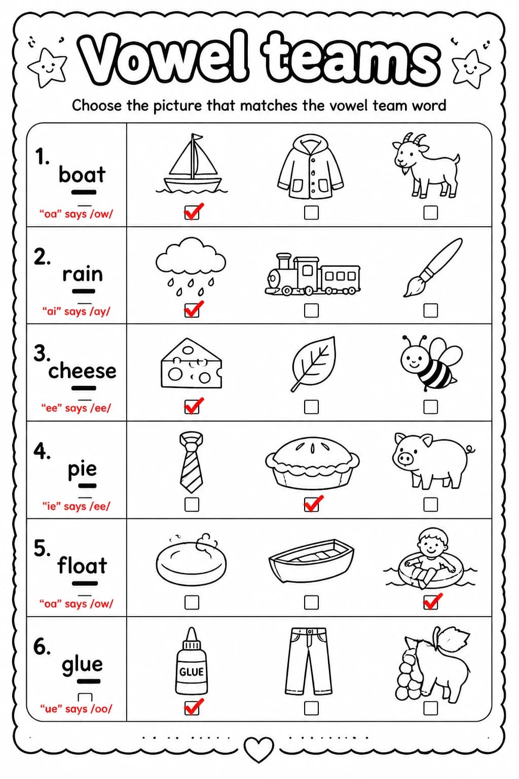 Answer key for Choose the picture that matches the vowel team word — free printable English & Reading worksheet