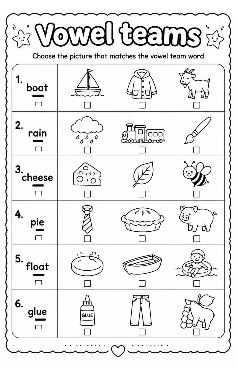 Choose the picture that matches the vowel team word — free printable Reading foundations English worksheet