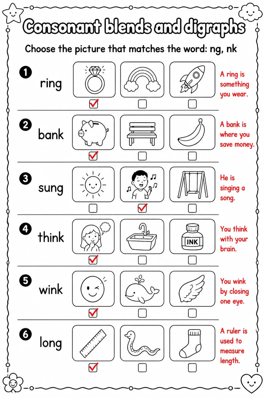 Answer key for Choose the picture that matches the word: ng, nk — free printable English & Reading worksheet