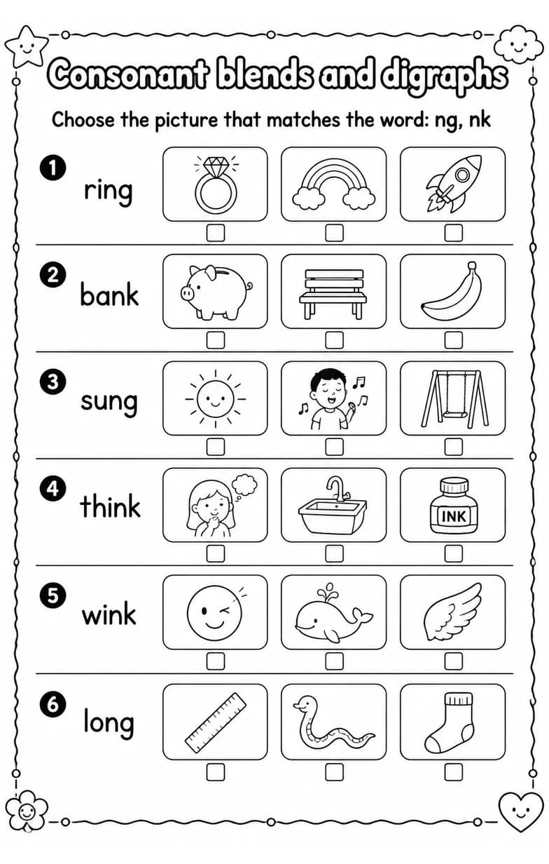 Choose the picture that matches the word: ng, nk — free printable Reading foundations English worksheet