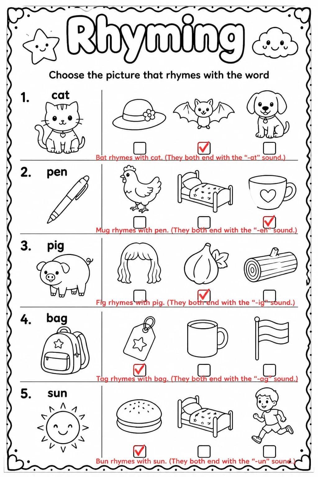 Answer key for Choose the picture that rhymes with the word — free printable English & Reading worksheet