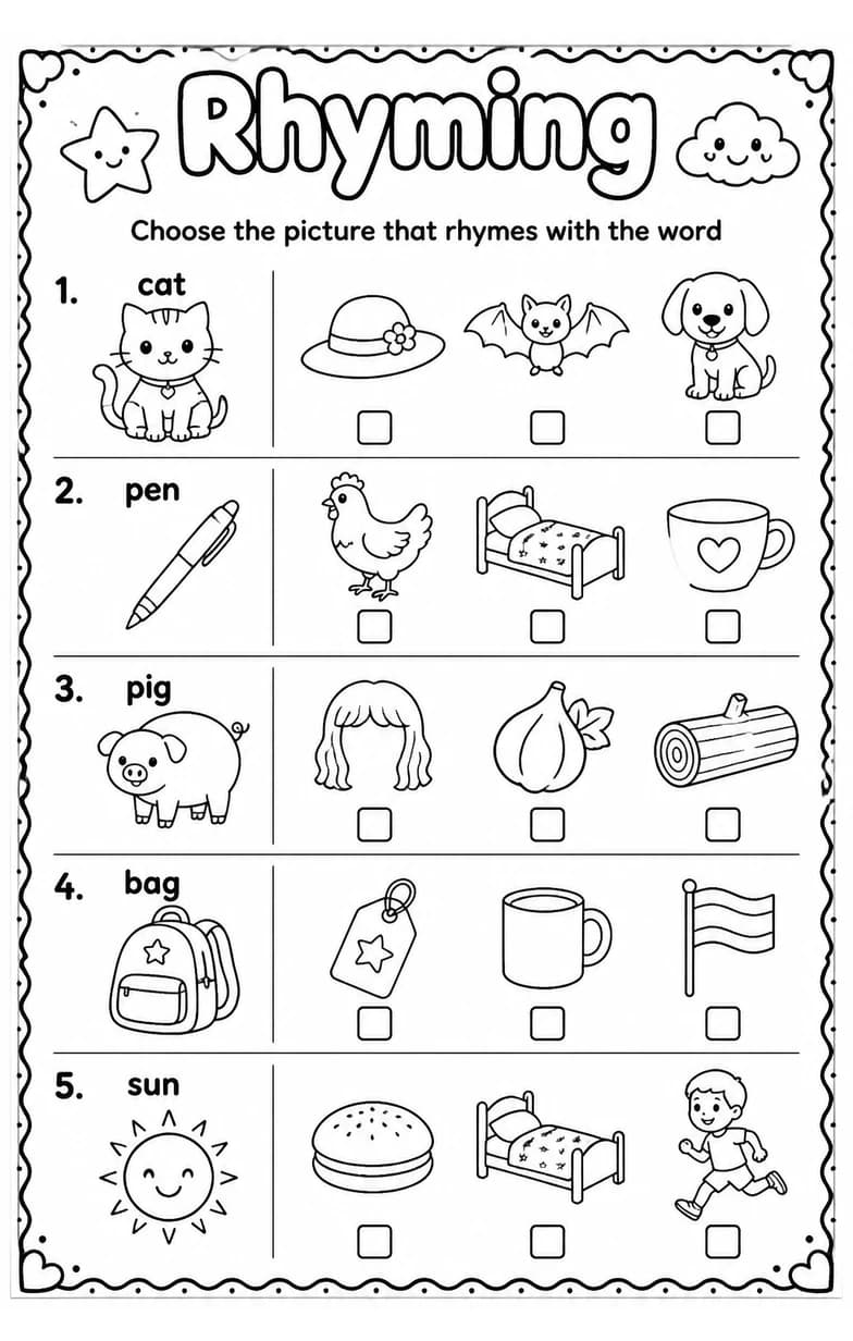 Choose the picture that rhymes with the word — free printable Reading foundations English worksheet