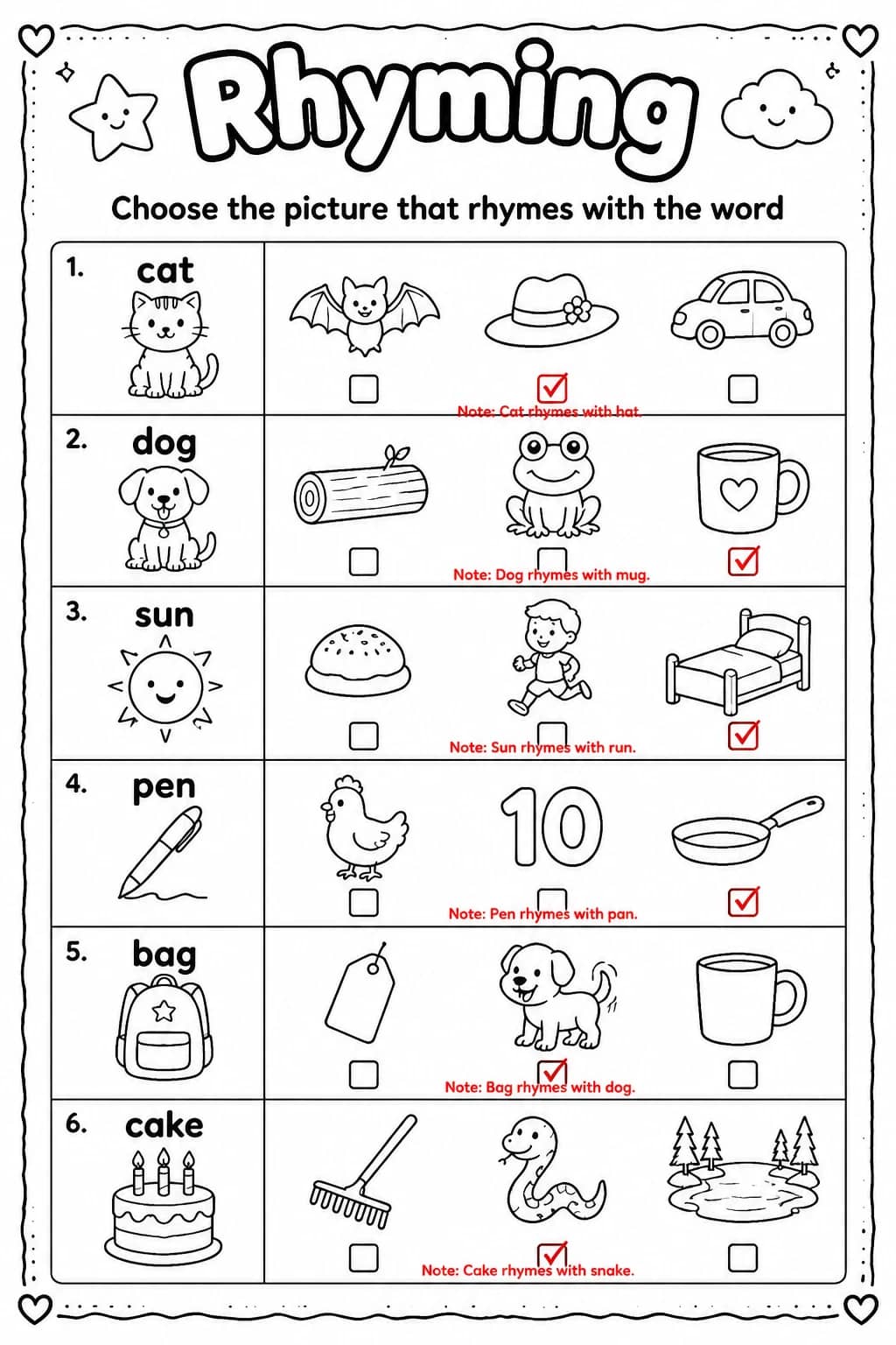 Answer key for Choose the picture that rhymes with the word — free printable English & Reading worksheet