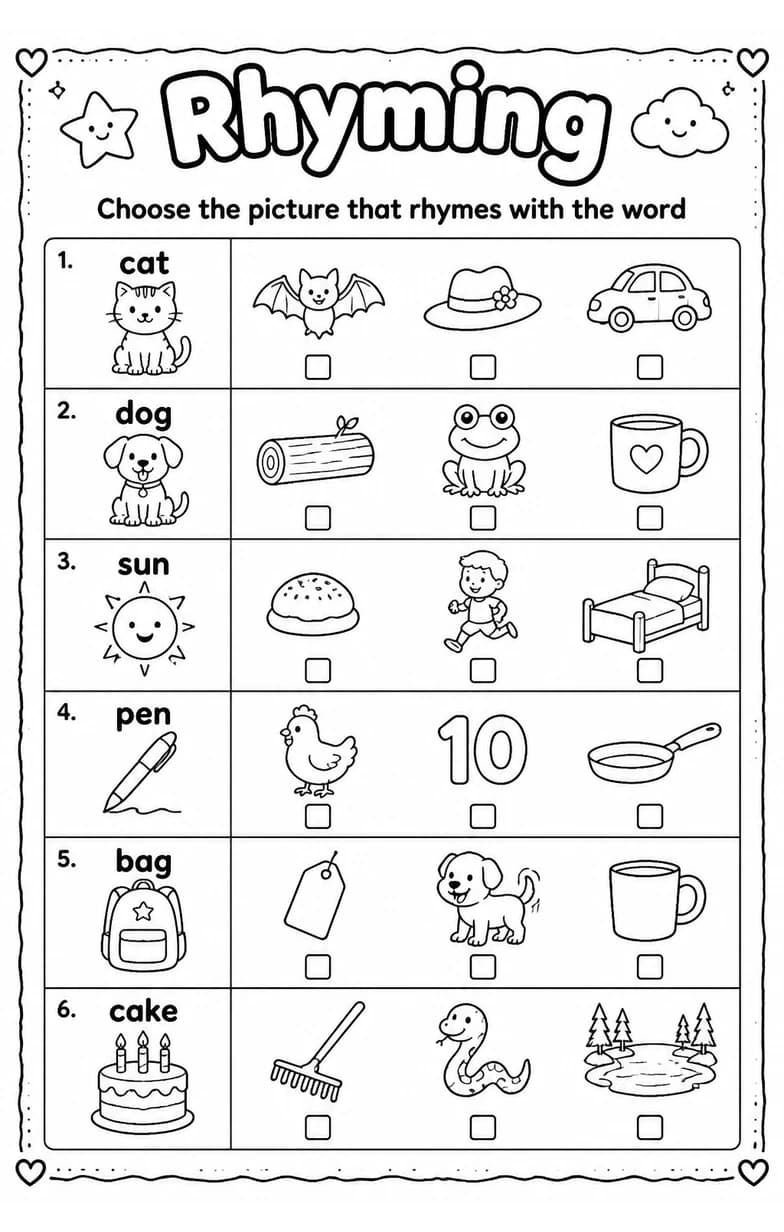 Choose the picture that rhymes with the word — free printable Grade 2 English & Reading worksheet