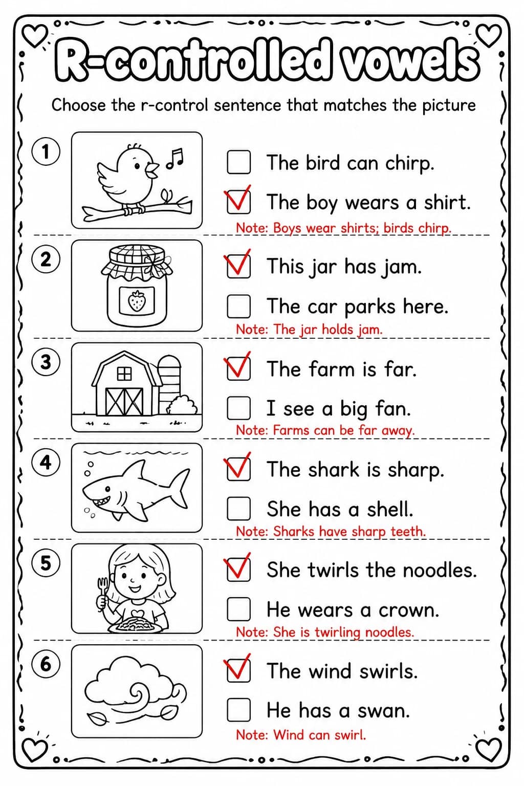 Answer key for Choose the r-control sentence that matches the picture — free printable English & Reading worksheet